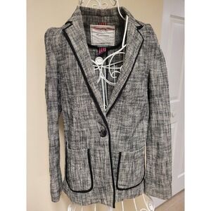 Anthropologie Womens Jacket Cartonnier Black White Tweed Piping Blazer Size 2